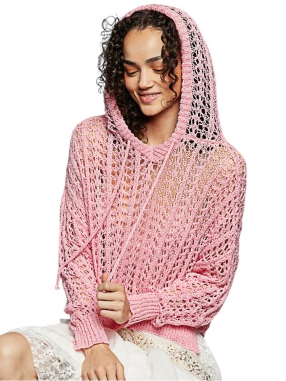 POL Pink Crochet Hooded Pullover Sweater